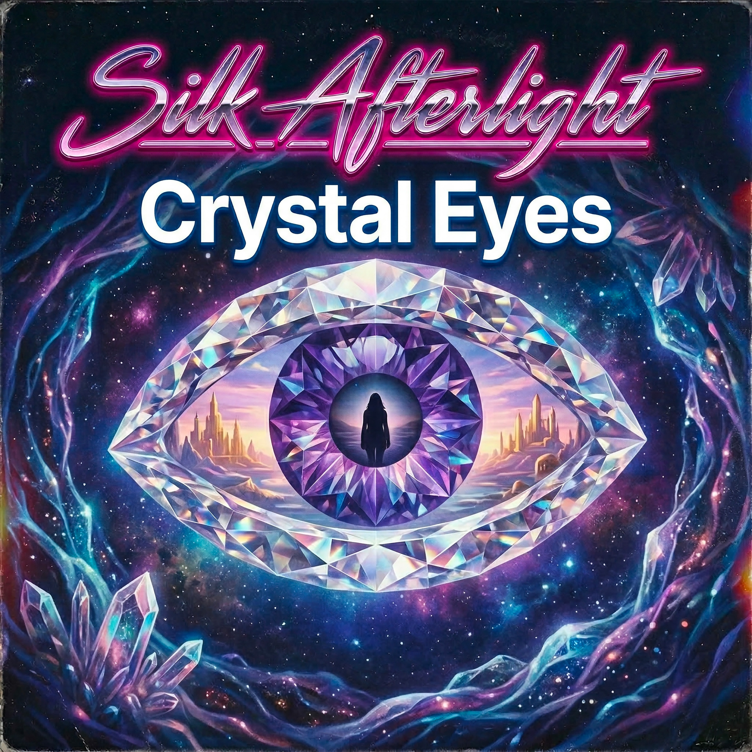 Copertina del singolo Crystal Eyes di Silk AfterLight — occhio di cristallo viola su sfondo cosmico