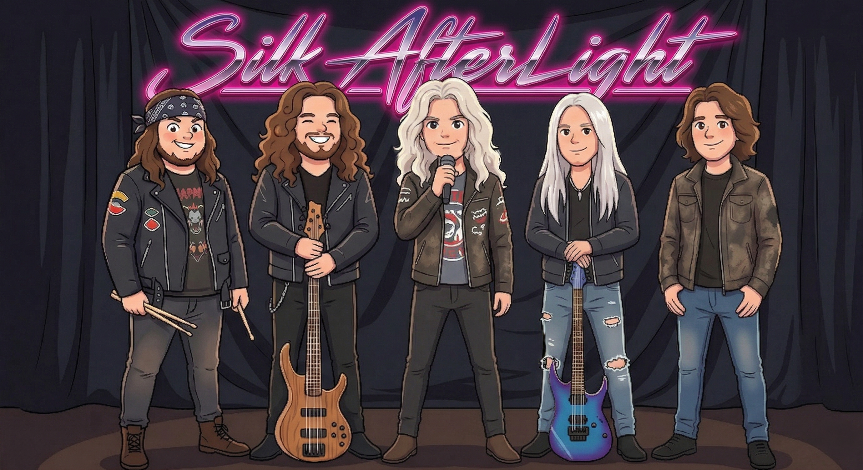 I cinque membri di Silk AfterLight sul palco — band rock in stile anni '80 e '90