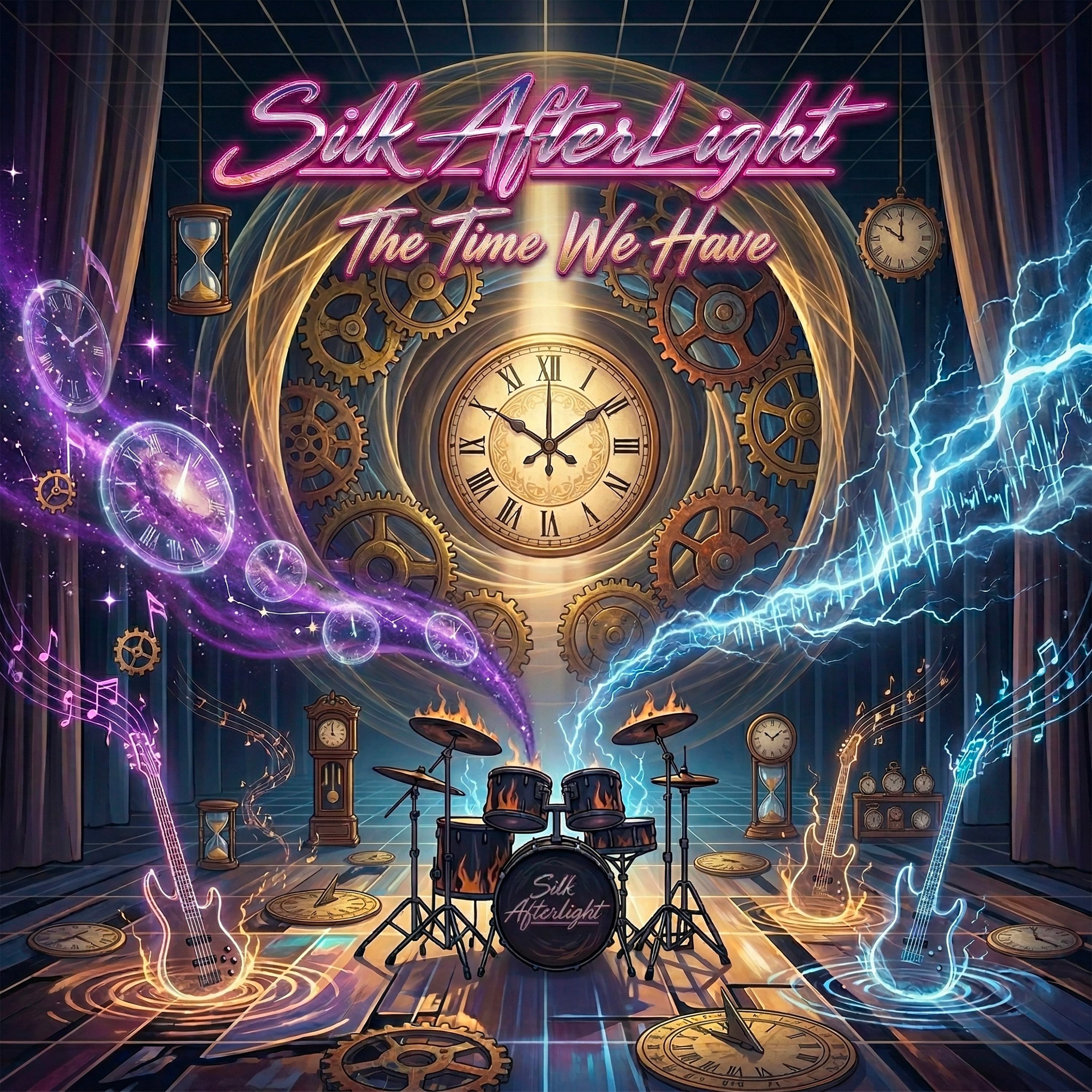 Copertina del singolo The Time We Have di Silk AfterLight — orologio monumentale circondato da fulmini e chitarre